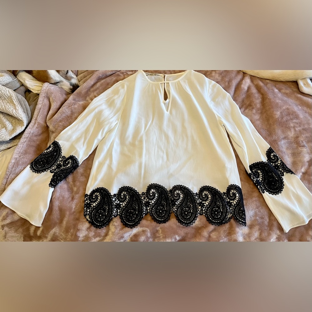 Zara White Dress Blouse with Black Lace Size XS